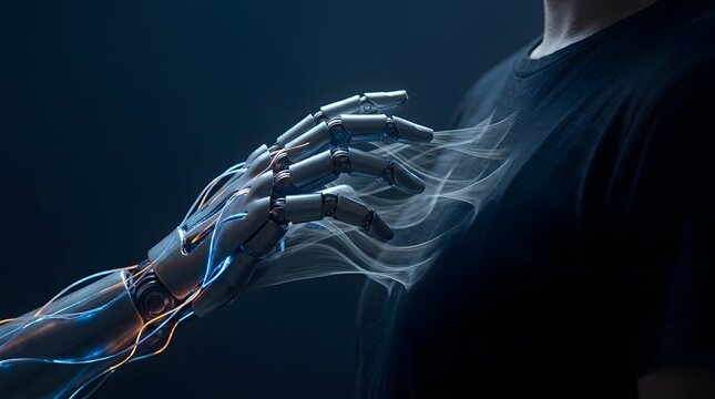 Futuristic Robot Hand Touching Human Chest in Dark Atmosphere