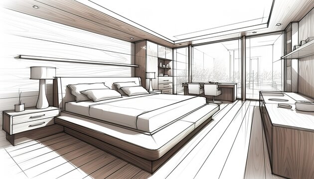 Double bed with pillows in modern bedroom interior