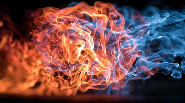 Fire and smoke clash with cool blue in a visual display of contrasting elements in an artistic setup