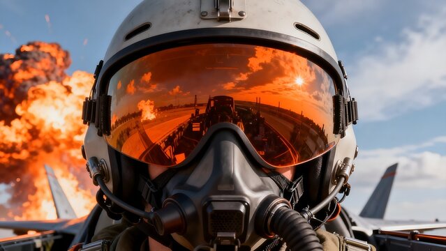 Pilot in helmet with explosion in background