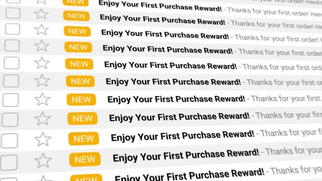 First Purchase Reward notifications appear in multiples within an animated email inbox. Ideal for illustrating digital marketing, customer loyalty programs, and online shopping deals.