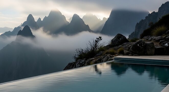 Infinity pool overlooking misty mountain peaks at sunrise with sunbeams