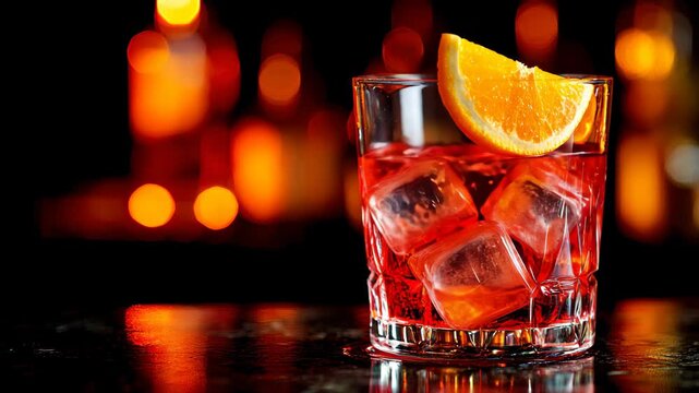 Red cocktail drink with ice and orange slice on dark bar background