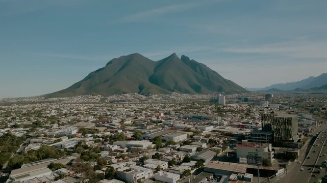 Aerial drone view of Monterrey city and Cerro de la Silla Mexico