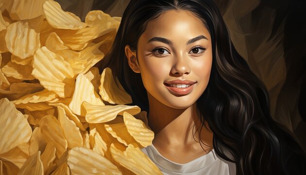 A young woman with a warm smile surrounded by potato chips