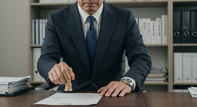 会議室で書類にスタンプを押すビジネスパーソン 