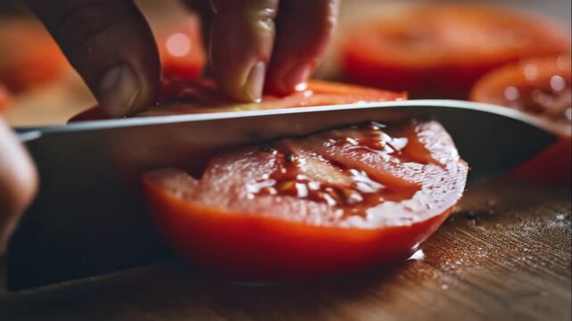 Close up of a hand holding a sharp knife slicing a fresh red tomato on a wooden cutting board for healthy cooking concept and meal preparation