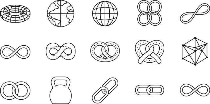 Infinity And Loop Shape Icon Set Featuring Endless Symbols Chains Knots And Abstract Geometric Forms For Conceptual And Modern Design Use.