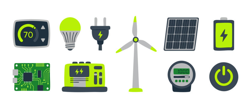 Renewable Energy Icons Set for Sustainable Technology and Green Power Concept