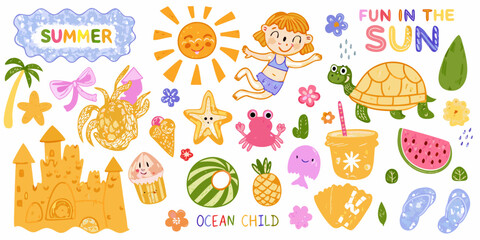 Summer themed doodle set with ocean and beach elements watercolor style © Sujal