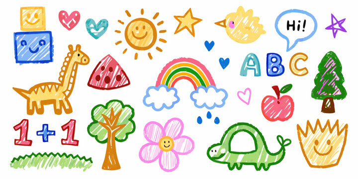 collection of cheerful children s crayon drawings on white background