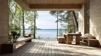 Fototapeta premium Open Room with Wooden Frame Overlooking a Lake / 湖を見下ろす木製フレームの開放的な部屋