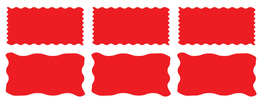 Set or rectangular shapes with squiggly borders. Tags, labels, stamps, crackers, coupons rectangle boxes with curvy, wiggly, wavy edges isolated on white background. Vector flat illustration.
