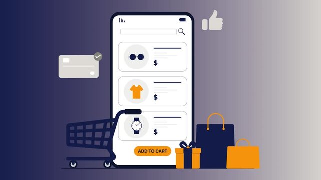 Online shopping on a smartphone with a shopping cart and bags