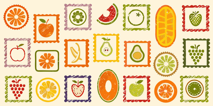 Fruit stamps collection colorful vector illustration with beige background