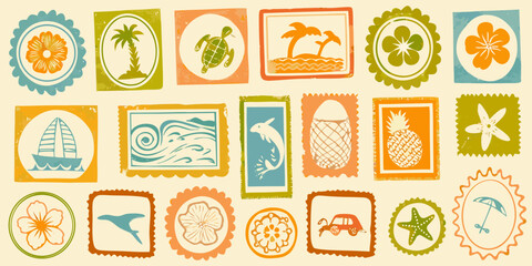 Retro travel stamps collection vintage style floral and tropical motifs © Sujal