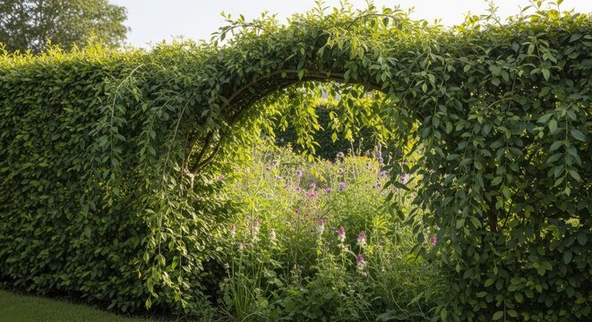 Lush green weeping privet hedge forms an enchanting archway over a sunlit garden path.
