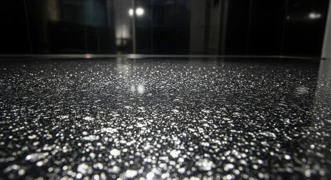 Close-up of a seamless metallic flake epoxy coating with a speckled, reflective surface