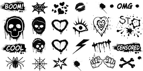 Graffiti stencils collection with skulls hearts and punk symbols © Sujal