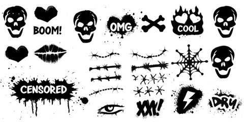Graffiti stencils collection with skulls lips and punk elements black on white © Sujal