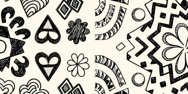 sketchy monochrome pattern with coffee beans hearts and floral shapes