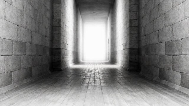 An old empty corridor with light through the wall and a door opening into a dark abandoned room