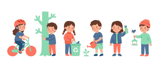 Fototapeta premium Children practicing eco-friendly habits, vector illustration of kids recycling, planting trees, riding bike, and protecting nature for environmental education, sustainability and conservation concepts