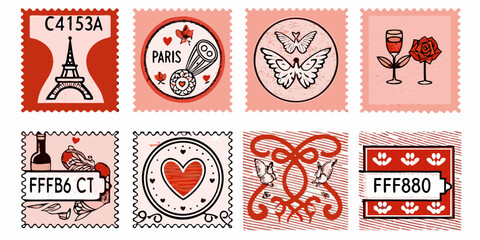 Vintage style postage stamps with love and parisian themes vector illustration © Sujal