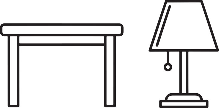 Simple black and white line set featuring a rectangular wooden table and a classic table lamp with a pull chain