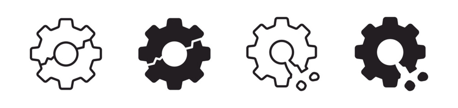 Broken gear icons set, System failure symbols, Maintenance repair icons, Technical error vector icons