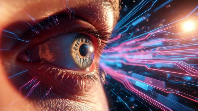 Slow motion tracking shot of human eye with neon light streaks streaming through digital interface and particles in cyber space close up