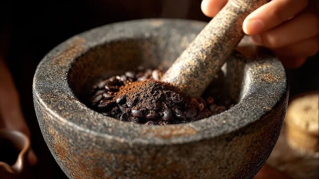 Close-up of a hand grinding fresh roasted coffee beans in a rustic stone mortar and pestle for authentic preparation concept and gourmet experience