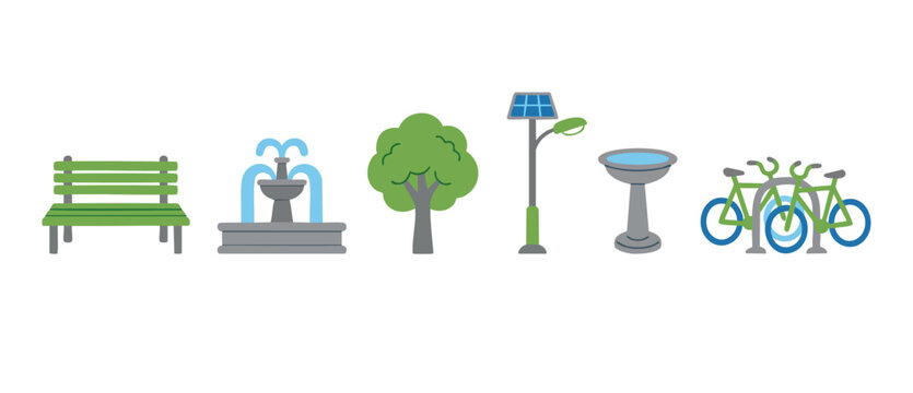 Park elements set with bench, fountain, tree, solar street light, bird bath and bike rack, isolated vector icons for urban landscape design, eco-friendly city park infrastructure and public amenities.