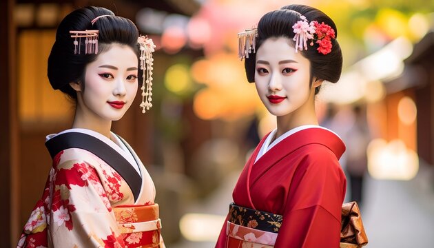 街並みを背景に微笑む二人の舞妓のポートレート