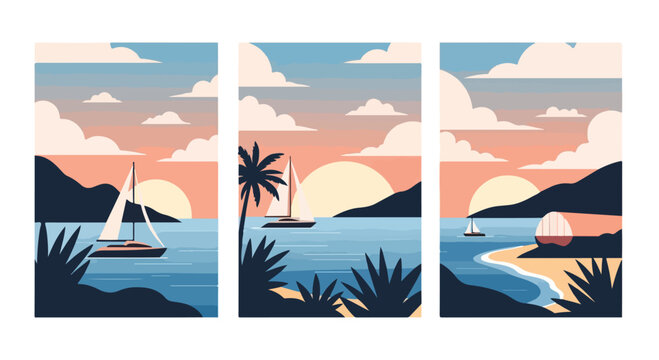 Sailboat silhouettes drift across a serene tropical ocean during a beautiful sunset.