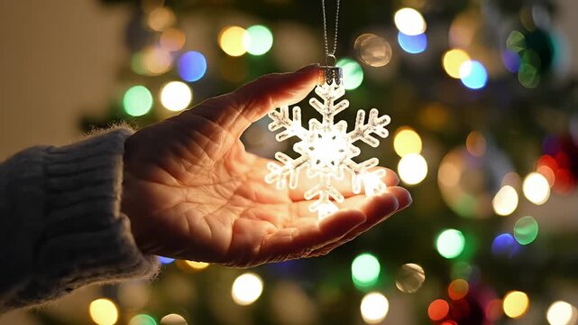 Hand holding a glowing snowflake Christmas ornament with bokeh lights