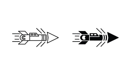 Dynamic rocket ship icon in line art and solid black silhouette for space travel and technology concepts presented on white background © TARU STOCKPLC