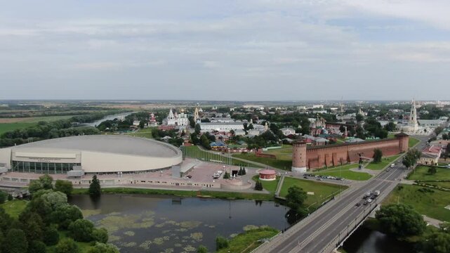 Drone rising above historic Kaluga urban landscape