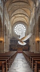 Naklejka premium Majestic white dove flying through the aisle of a historical cathedral, symbolizing peace, freedom, and spiritual renaissance
