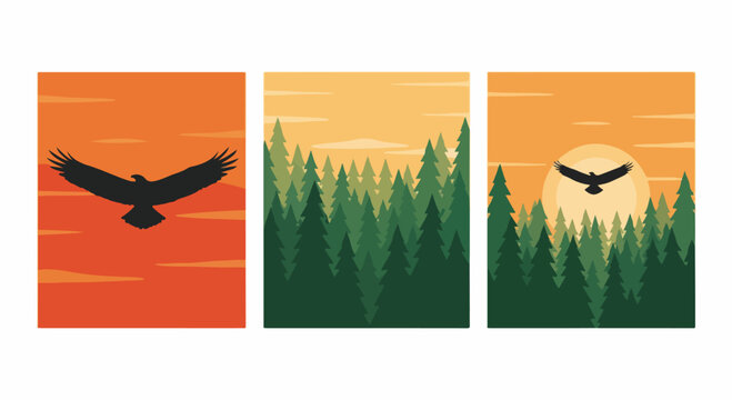 Eagles soar above pine forests in beautiful vector landscape illustration.