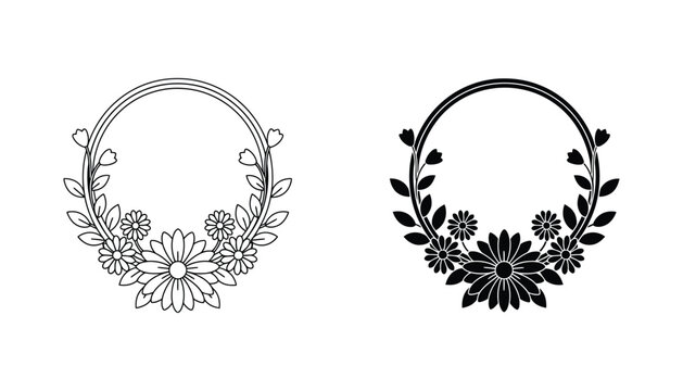 Elegant floral wreath outline and solid vector illustration for decorative borders and natural frames