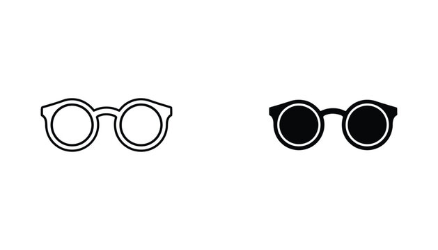 Classic round frame eyeglasses icon in both outline and solid black styles representing vision clarity and optical fashion