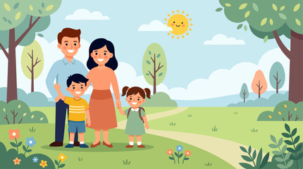 Obraz premium Happy Family Flat Design Illustration in Park with Copy Space