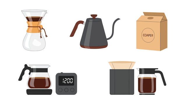 A collection of modern coffee brewing equipment including pour-over makers, a gooseneck kettle, a timer, and a coffee bag, ready for a fresh brew.