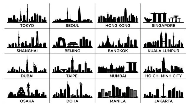 Asian City Skyline Silhouette Collection of 16 Landmarks