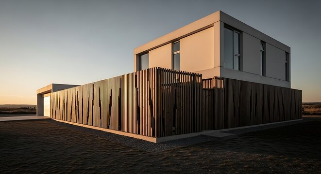 Modern minimalist house with vertical wooden screen at golden hour