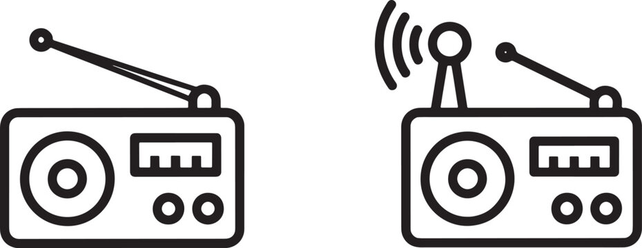 Two black and white line of portable radios with antennas, one showing a signal transmission symbol