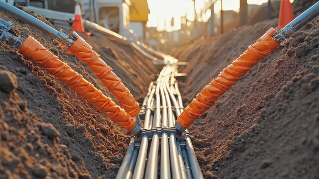 Utility pipes and conduit laid in a freshly dug trench, protected by orange wrapping, illuminated by golden hour sunlight during major infrastructure development.