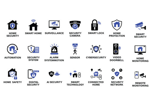 Smart home security icon set featuring surveillance cameras, smart locks, home automation, alarm systems, remote monitoring, AI security, and connected house safety symbols.