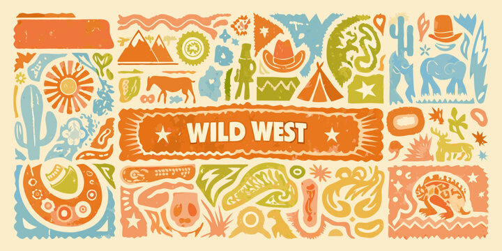 Wild west folk art banner with desert and mountain elements